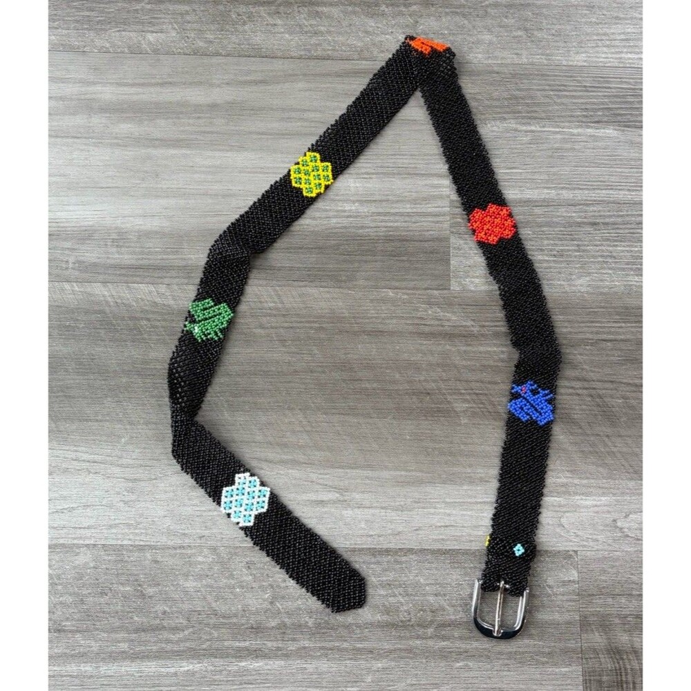 Womens Black Beaded Belt Size M Buckle Hippie Boho Indie